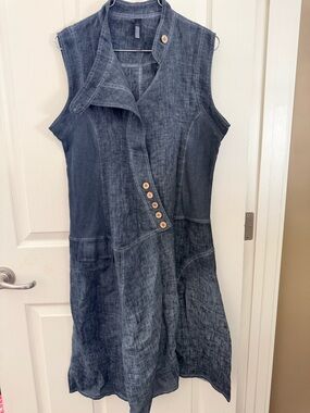 Sleeveless Washed Linen Denim-Style Blue Dress with Button Detail. Large